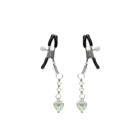 Затискачі для сосків із сердечком Liebe Seele Glow-in-dark Nipple Clamps Green, світяться в темряві