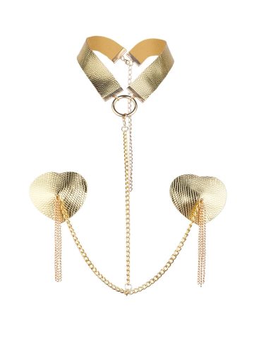 Пестис-сердечка з пензликами та чокером JSY Nipple Sticker RT236114 Golden