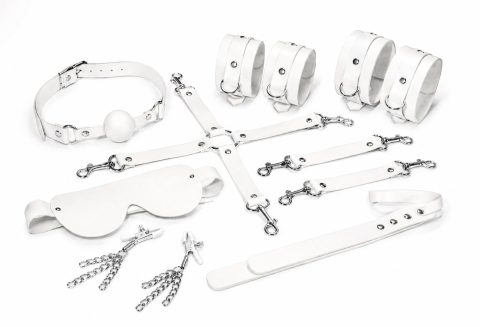 Набір Feral Feelings BDSM Kit 7 White, наручники, поножі, конектор, маска, падл, кляп, затискачі